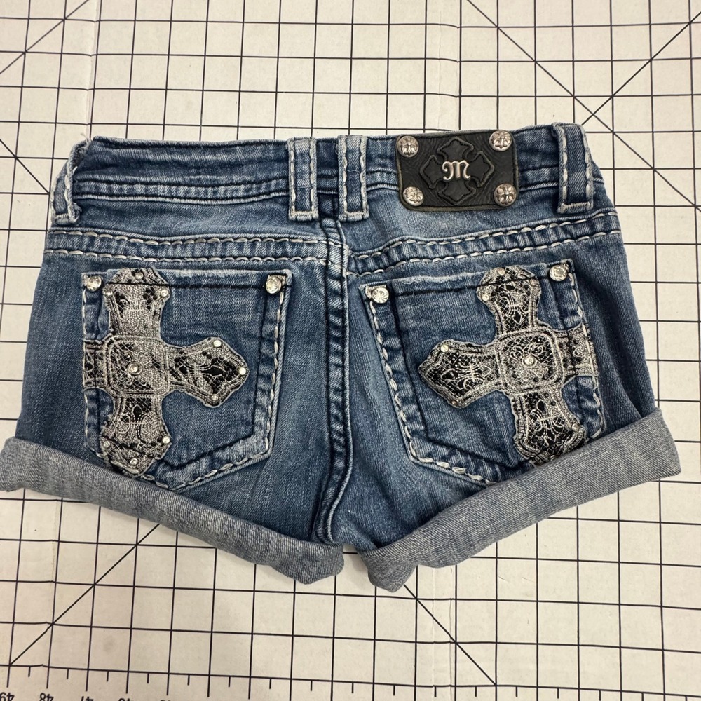 Miss Me JP5138 Boot Cutoff Denim Shorts Cross Rhinestone Lace Medium Wash 26